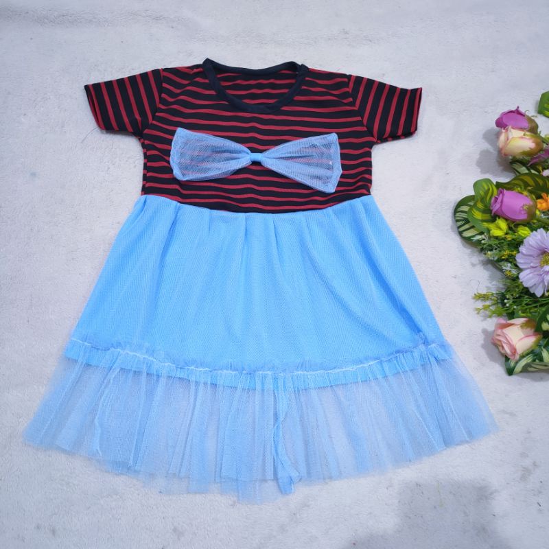 Dress Anak 7 8 9 Bulan - 1 Tahun cewek perempuan Gaun Pita tille ( Dress Hira Strip )