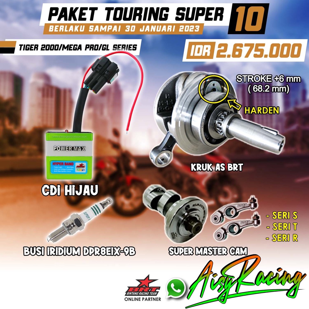 Paket Touring Super 10 BRT Bore Up Tiger GL Megapro Primus CB 100 kruk as CDI Hijau Busi Noken as Kl