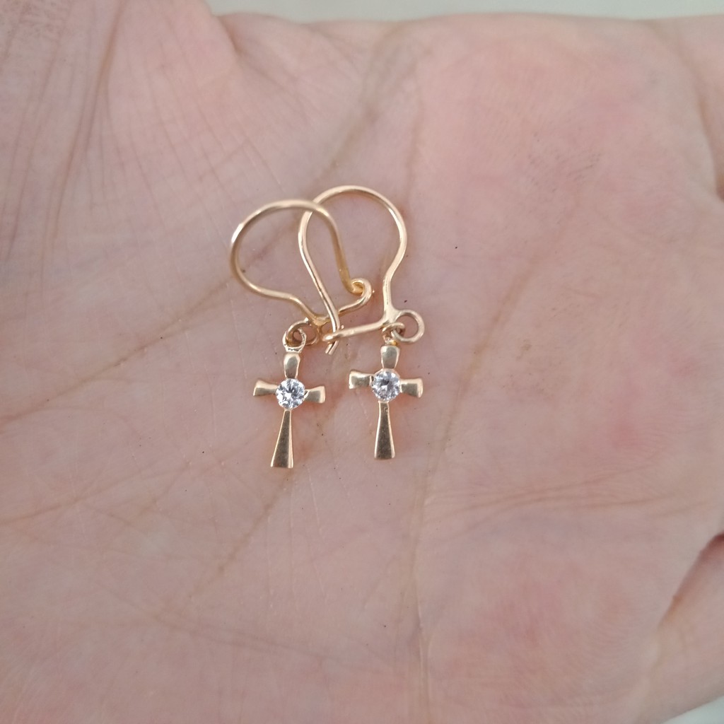 Anting salib permata putih anak dan dewasa emas asli kadar 70% 700 16k 22 gold gantung