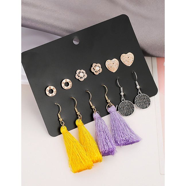 LRC Anting Set Fashion Color Mixing Love Flower Pearl Tassel Geometric Earring Set K09659