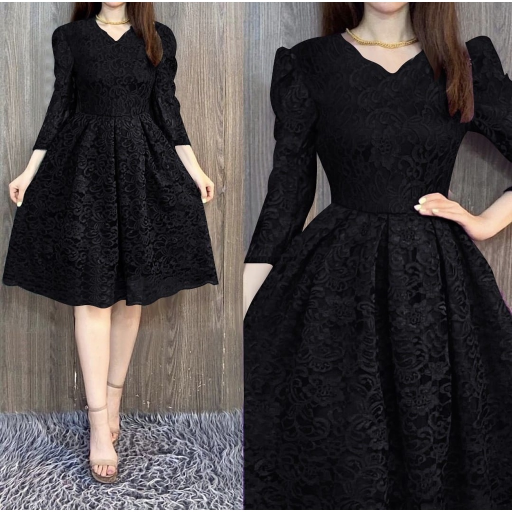 REALPIC 3 UKURAN M L XL DRESS AGNES FASHION PAKAIAN WANITA DRESS GAUN MIDI BRUKAT LAPIS FURING KR