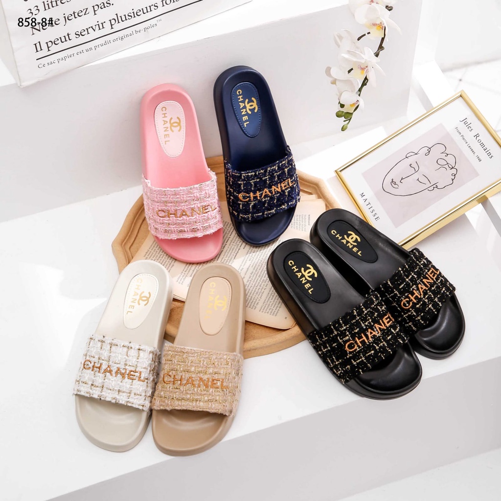 Ch Chain Canvas Rubber Slides 858-8