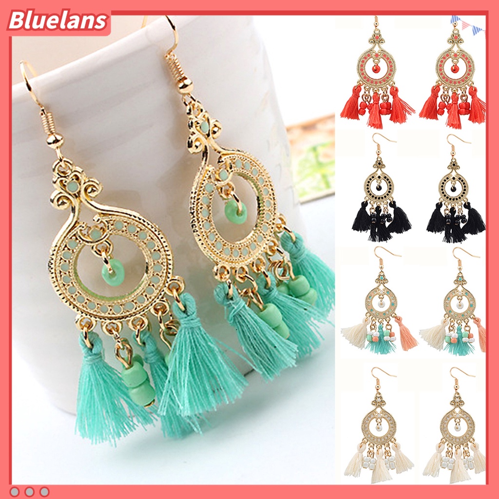 Anting Kait Gantung Bahan Alloy Aksen Rumbai Gaya Bohemian Untuk Wanita