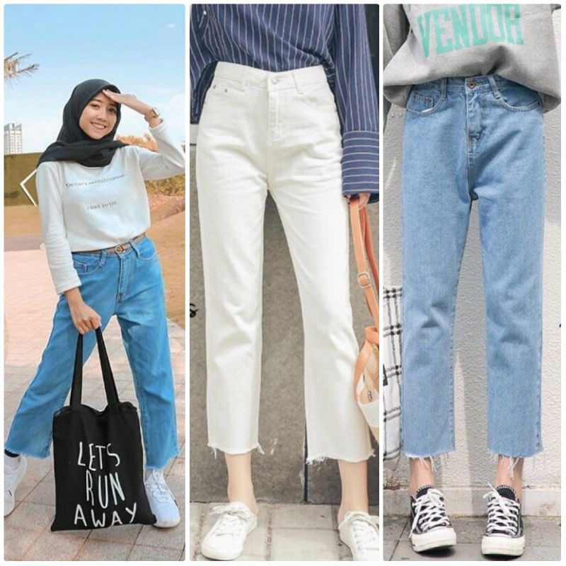 BOYFRIEND JEANS NON STRETCH MURAH TWO TONE/BOYFRIEND JEANS MOUREEN FRINGE CUT ANIFINIS KEKINIAN