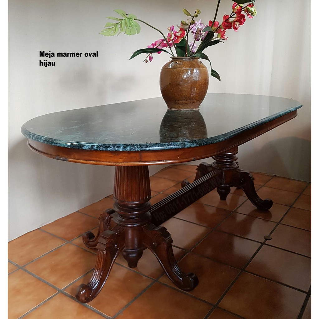 Meja makan Oval marmer hijau import 100 x 200 cm