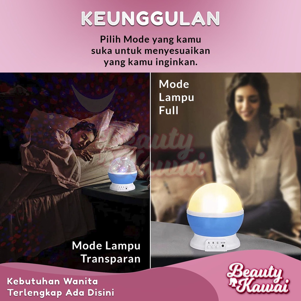 Lampu Tidur Aesthetic Star Proyektor Karakter Bintang Bulan LED Rotating