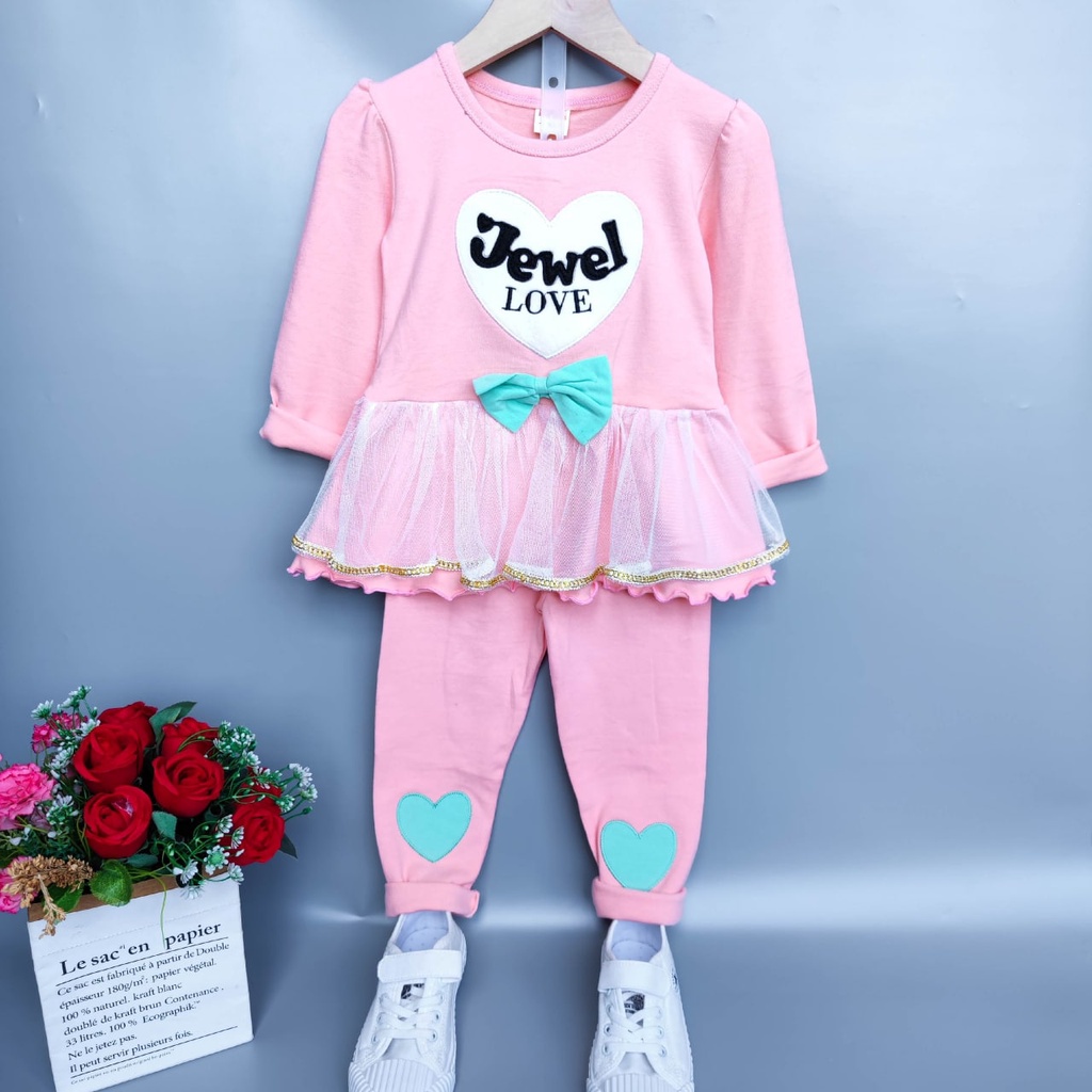 Promo !! Setelan baju anak perempuan cute / setelan jewel love naomi import ukuran 9bulan-3tahun