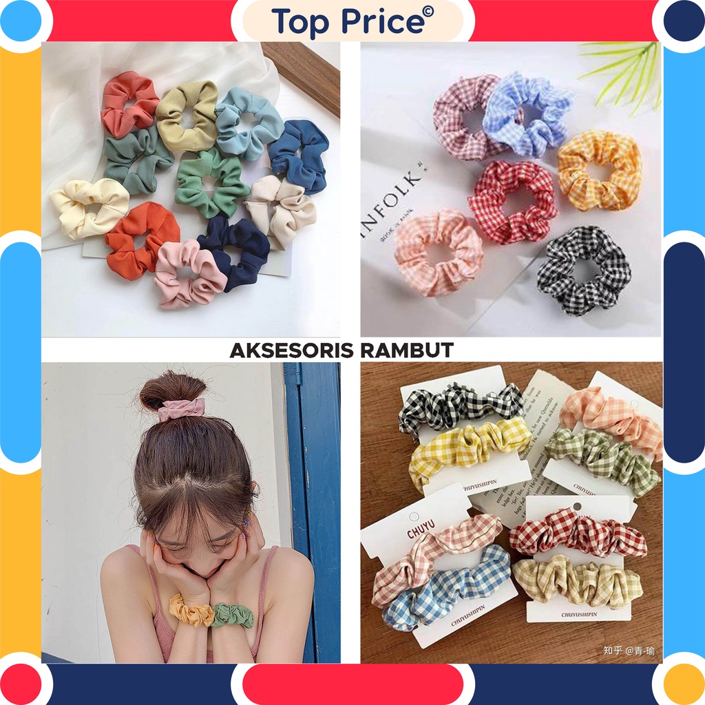 Topprice COD Ikat Rambut Kotak Scrunchie Kunciran Motif Kotak Gelang Karet Rambut Wanita AW07 / AW12