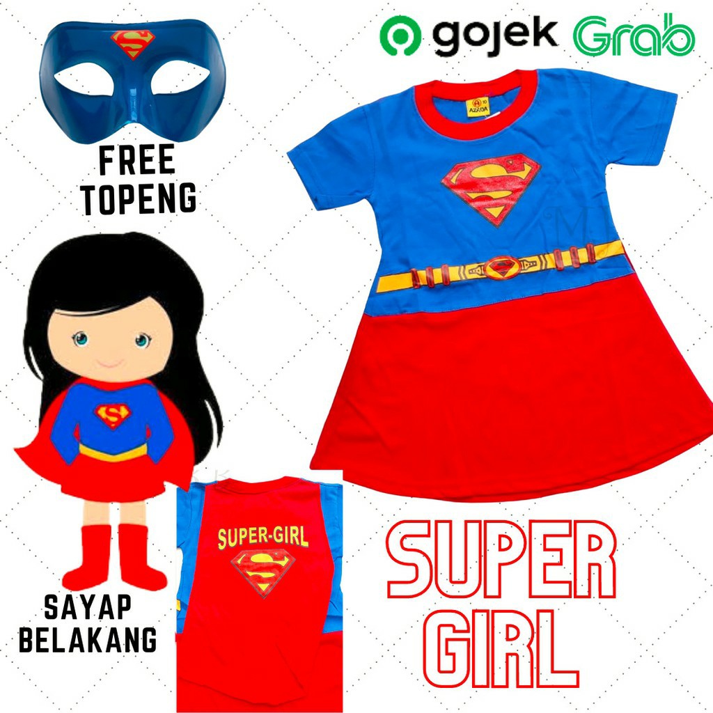 KOSTUM BAJU ANAK SUPERGIRL ANAK PEREMPUAN SUPERMAN GRATIS TOPENG / BAJU ANAK PEREMPUAN SUPERGIRL USIA 2-10 TAHUN