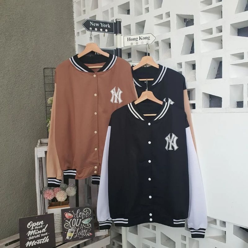 Jaket Baseball / Baseball Wanita Pria Bordir NY-68 HITAM-PUTIH /Jaket Termurah