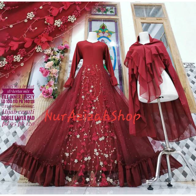 GAMIS MEWAH SET SYARI SYAMILA /GAMIS CERUTY MIX BROKAT TILE 3D /GAMIS PESTA WEEDING/LARAS SYARI