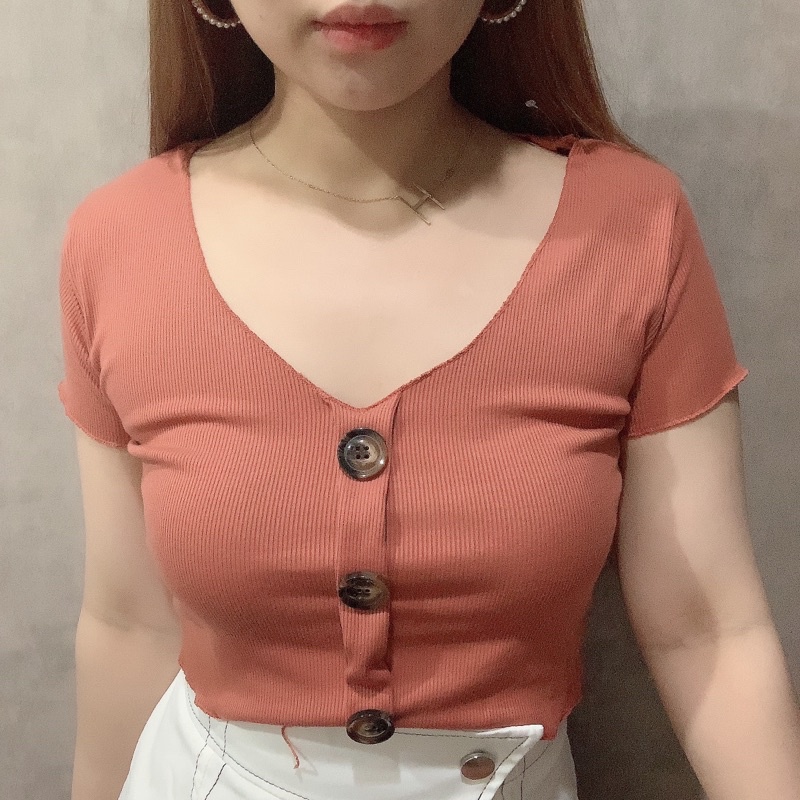 Button Front Ribbed Crop Top | Vneck Atasan Wanita | Maimon Grosir