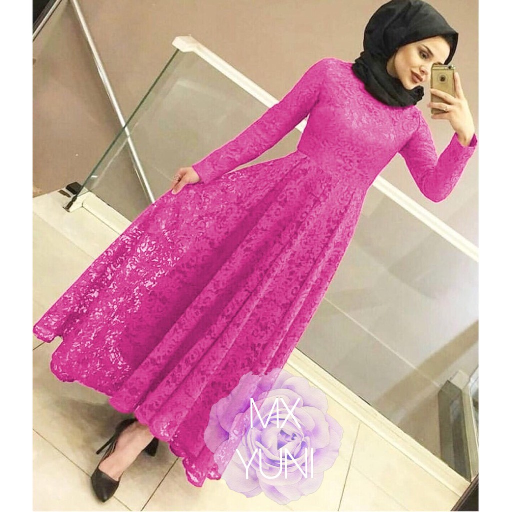 indobest MX YUNI ORI BRUKAT ALL SIZE M L XL / FASHION DRESS WANITA PESTA / GAUN FULL ORIGINAL BRUKAT