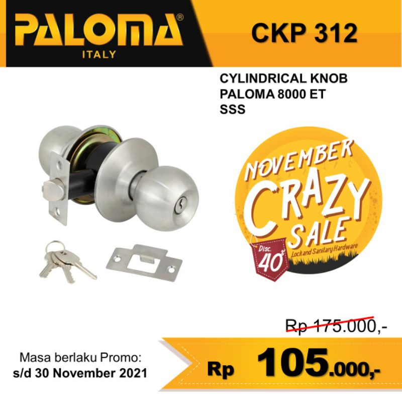 Kunci Pintu Silinder Knob Kunci Pintu Kamar Mandi PALOMA CKP 312 8000 ET SSS
