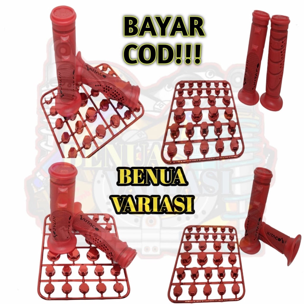 (PROMO TERBARU) PAKETAN HANDGRIP BINTIK MERAH MEREK KITACO + MONEL POLOS MERAH COVER TUTUP BAUT UNIV