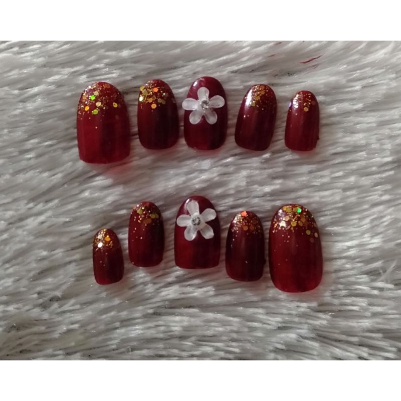 kuku palsu pengantin (nail art) bonus lem.warna merah maroon