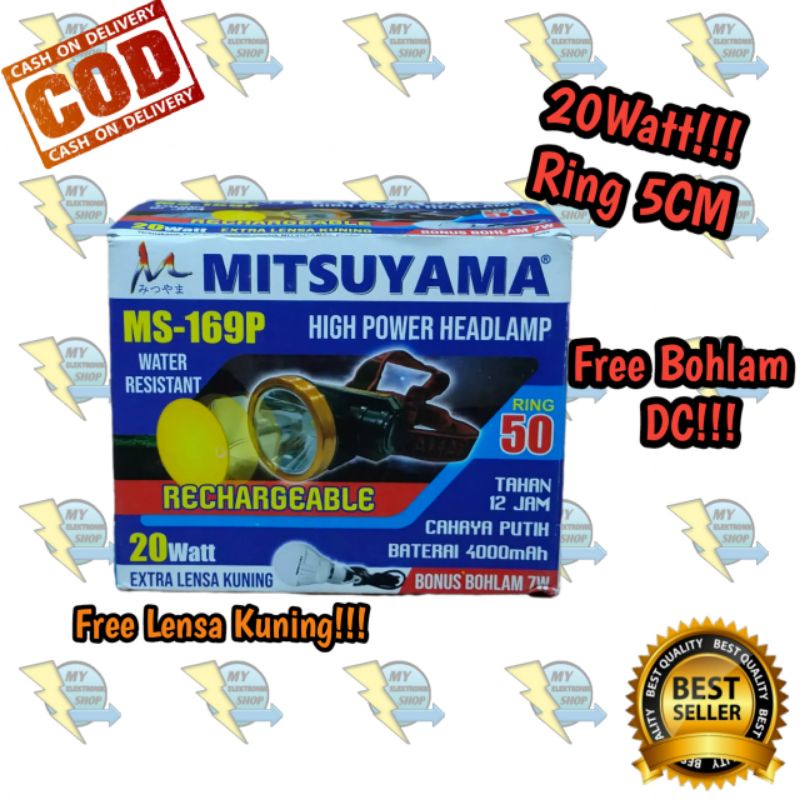 senter kepala LED 20Watt/30Watt Free Bohlam MITSUYAMA Headlamp 20 Watt LED/30 Watt LED Ms-169P/Ms-173P Water Resistant