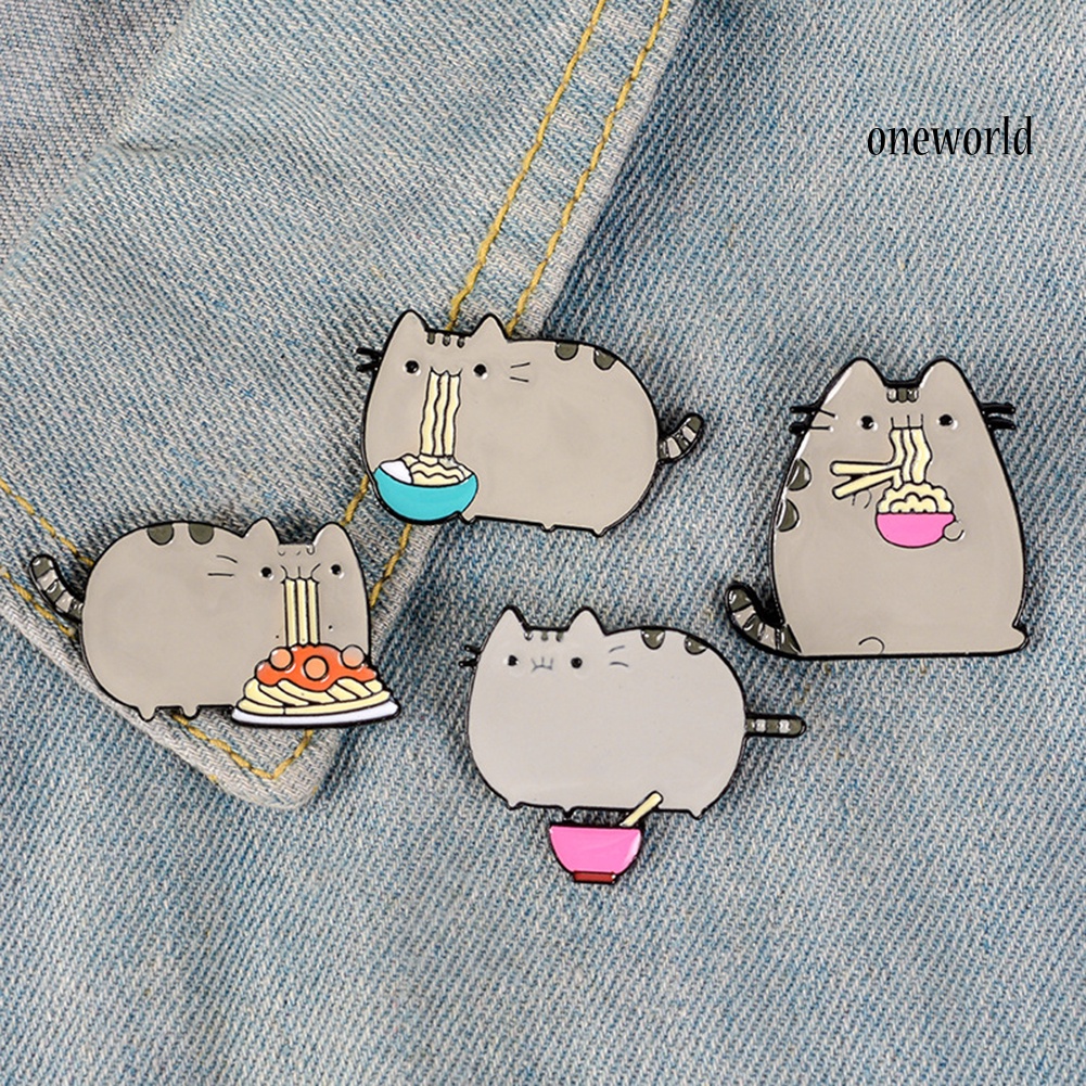 OW@ Cute Cartoon Fat Cat Eat Noodles Enamel Brooch Pin Collar Lapel Badge Jewelry