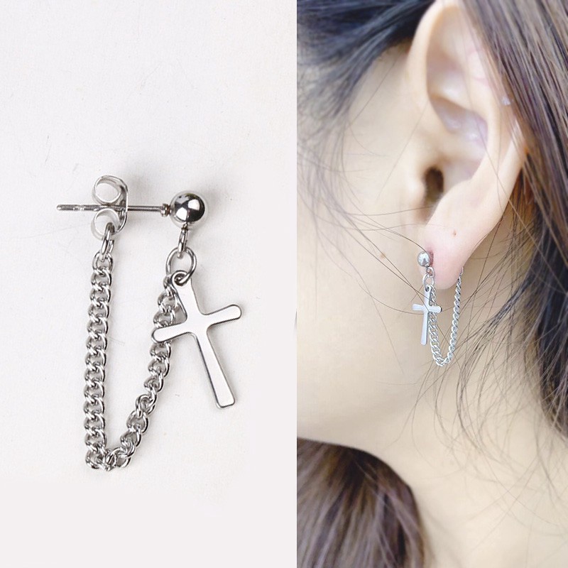 Anting Rantai Rumbai Salib Bahan Stainless Steel Titanium Gaya Korea Untuk Wanita