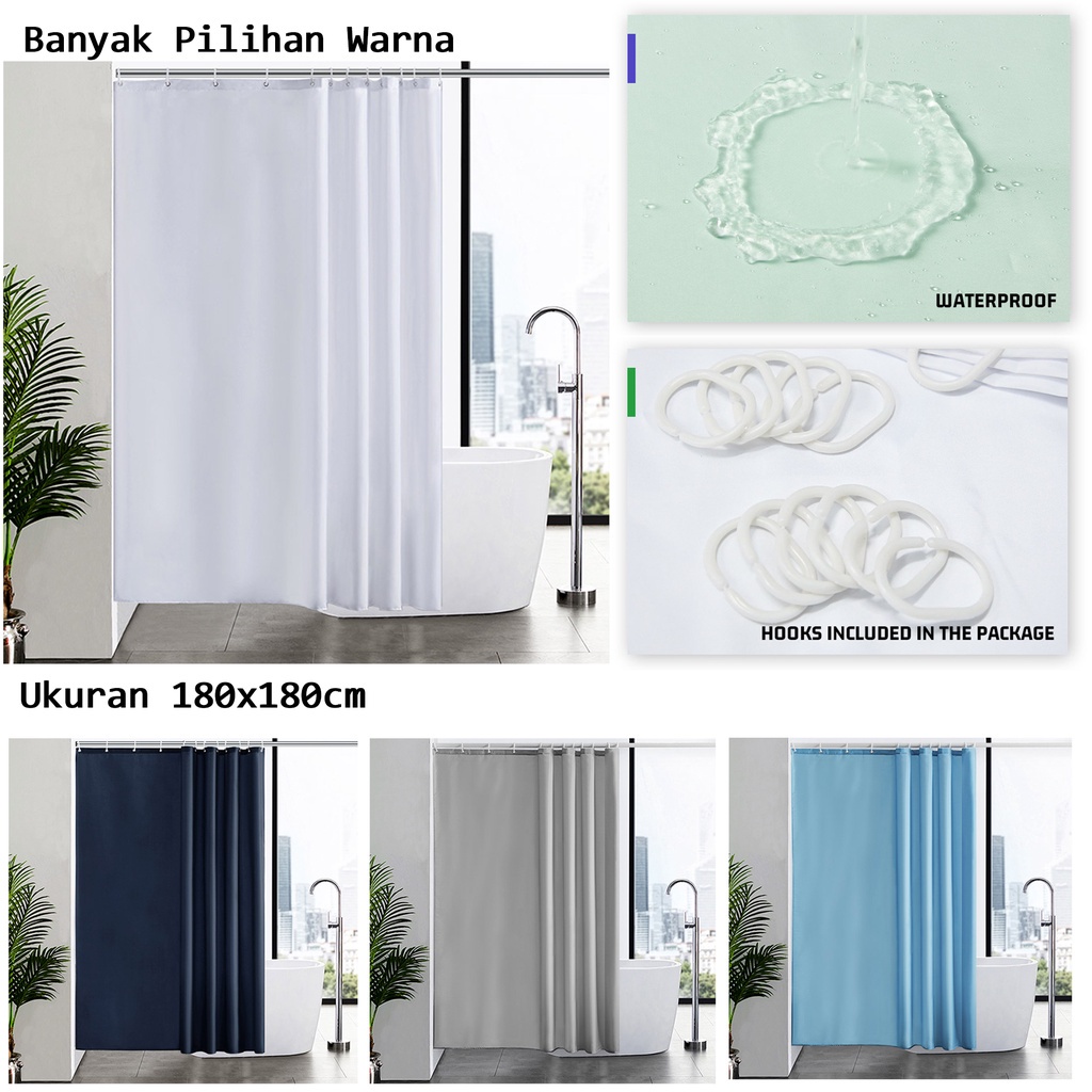 ( SerbaSerbi )Horden Kamar Mandi Polos Shower Curtain /Tirai Kamar Mandi 180x180 cm &amp; Ring Untuk Pengait _Bahan Peva