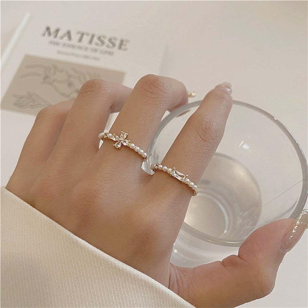 MXBEAUTY Cincin Mutiara Hadiah Gadis Minimalis Elegan Dengan Zirkon Lady Perhiasan Pesta Pernikahan Geometris Rings