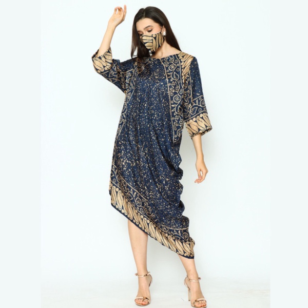 Unik DRESS BATIK - DRESS BOMBAI UPGRADE ZLATA NAVY GOLD - RINJANIE AVON - all size Berkualitas