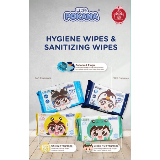 Pokana Sanitizing wipes parfume &amp; non parfume / Pokana tissue basah bayi anti bakteri parfume &amp; non parfume isi 50s