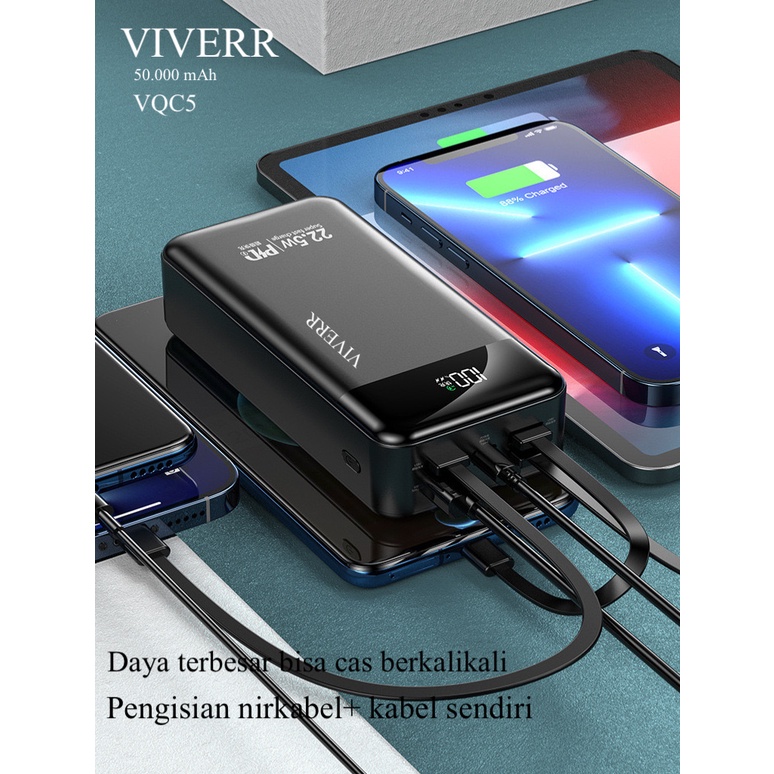 Powerbank VIVERR Quick charging pengisian super cepat type VQC5 kapasitas 50.000mAh original real kapasitas garansi 1 tahun.