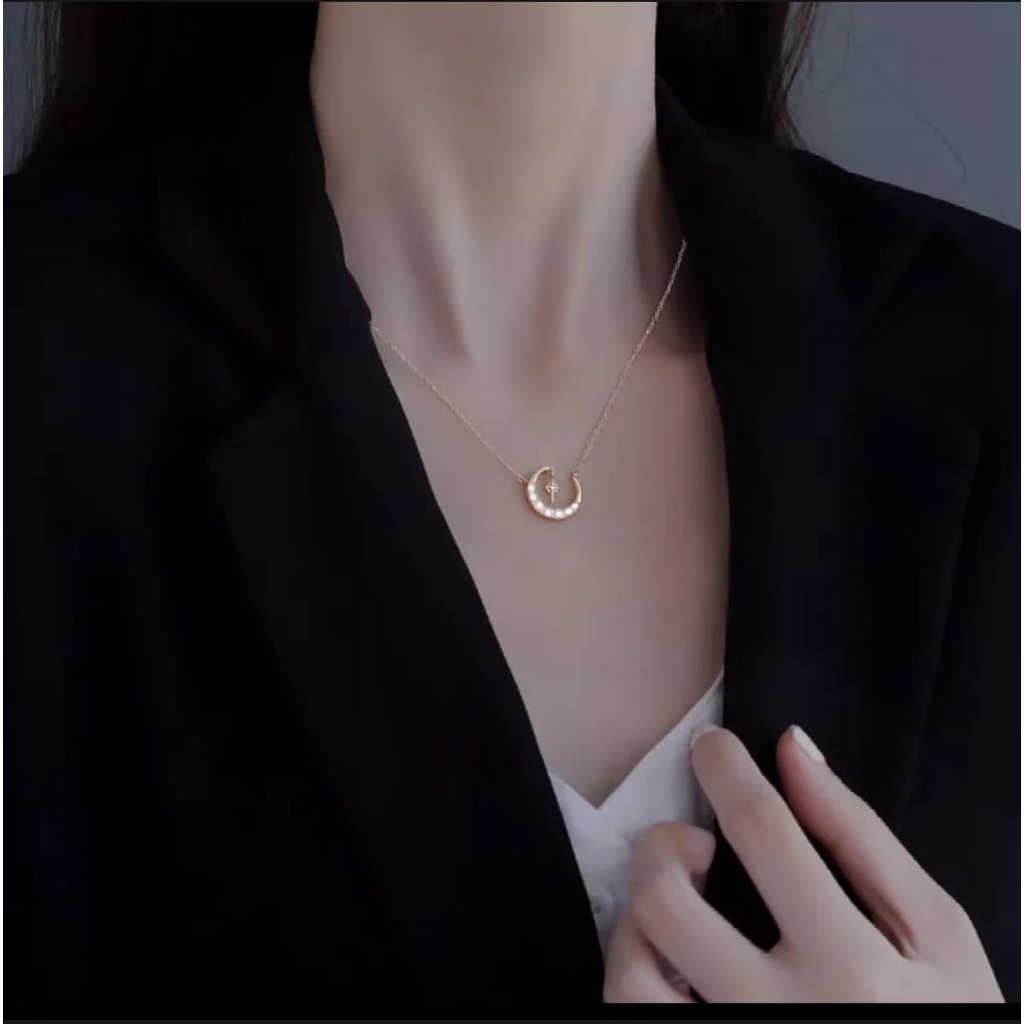 Kalung Titanium Premium model fuji liontin permata satu /Kalung wanita titanium anti karat Ala Korea Untuk Wanita Rantai Choker