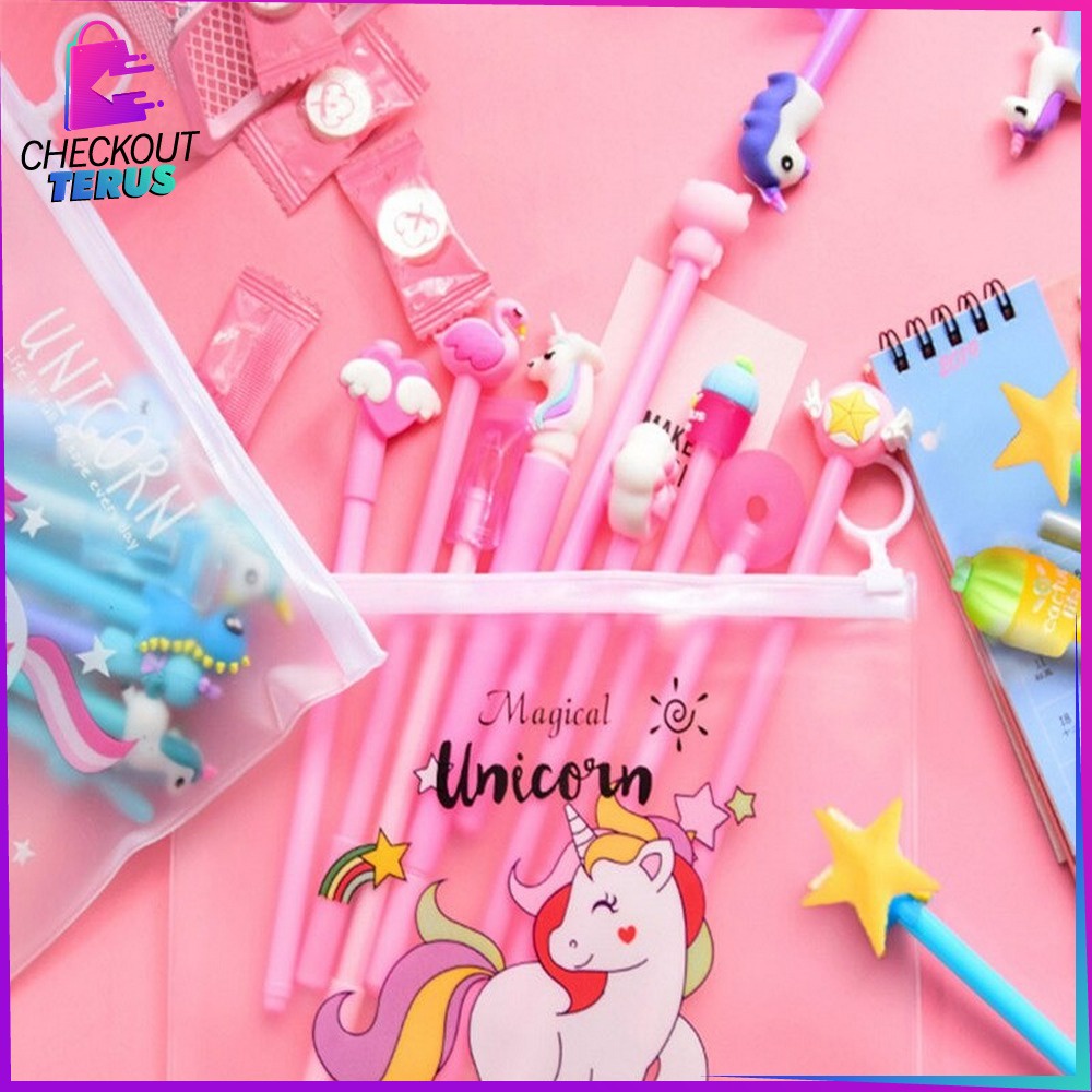 CT A15 Pulpen Gel Karakter Lucu Set Isi 20PCS Pulpen dengan Tempat Pensil Transparan Alat Tulis Stastionary Pena FREE Zipper Pouch