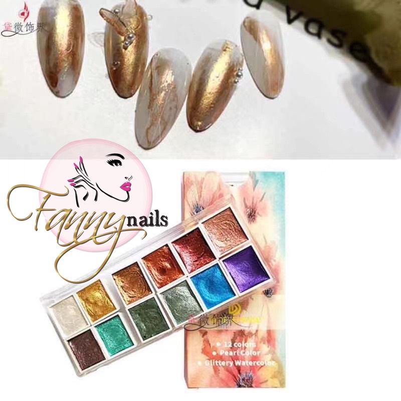 GLITTERY GLITER WATER COLOR NAIL ART 12 WARNA CHROME PEARL WATER COLOR MARBLE KUKU SWAROVSKI NAILART