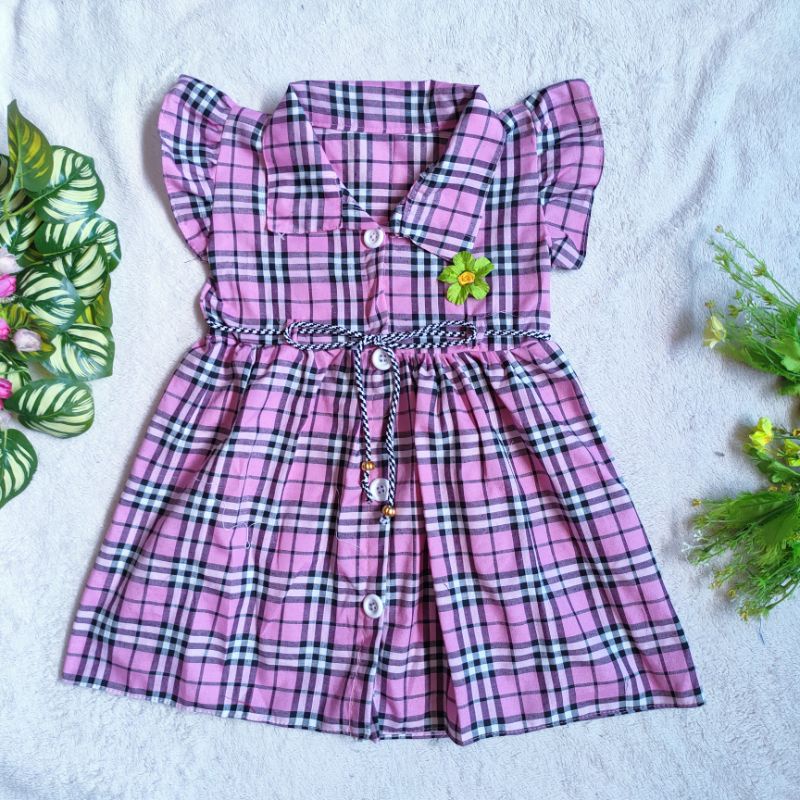 Dress Anak 2 3 tahun kancing hidup motif kotak baju anak perempuan cewek lucu baju lebaran  ( dress kancing Square  )