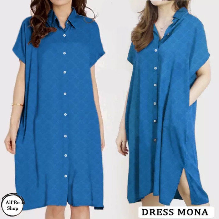 Baju Atasan Wanita Midi Dress Mona Full Kancing Big Size ARS 19941 - Biru Tosca(W2Q1) TUNIK MIDI DRE