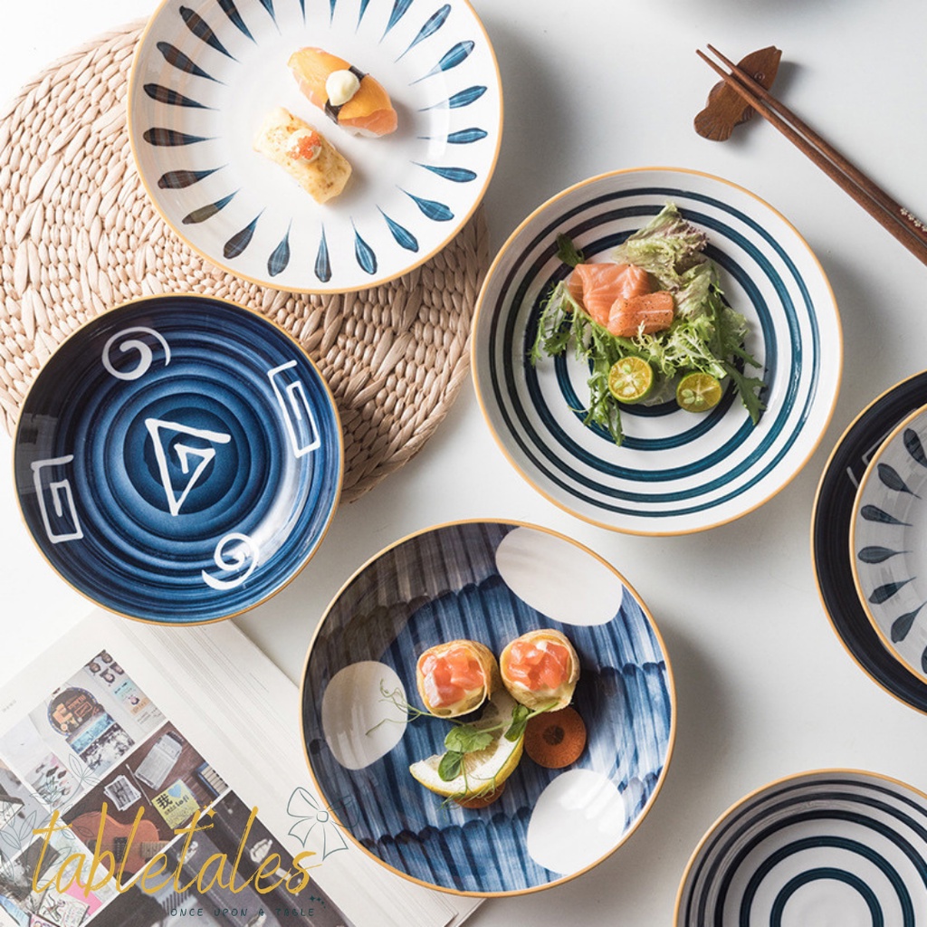 Japanese Plate Hand Painted / Japan Style Dinner Plate 8 inch / Blue Dinner Plate / Piring Jepang