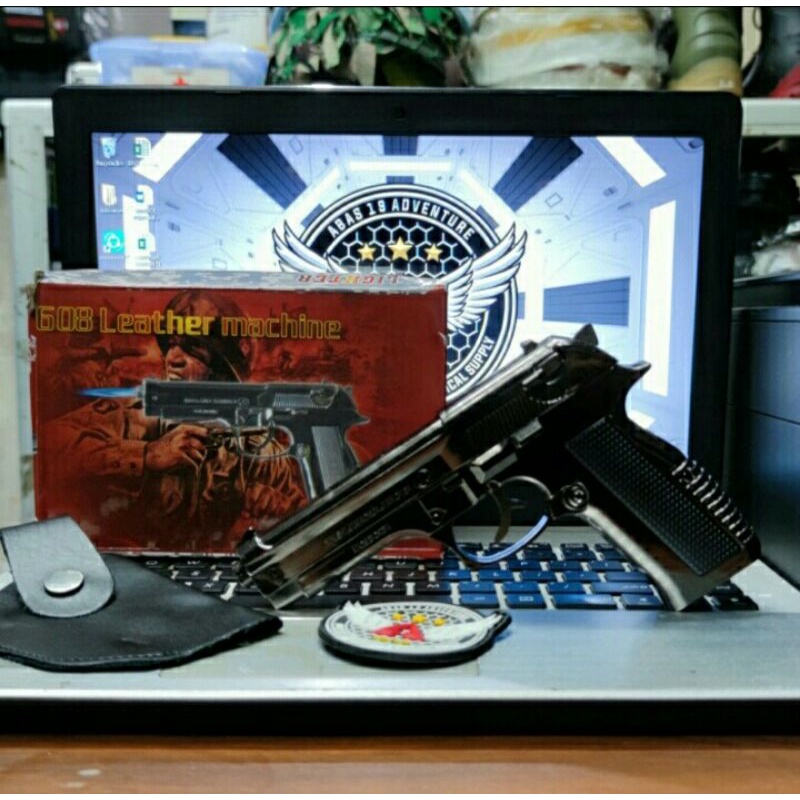 Korek Api Pistol M9 608 Silver Leather Machine//Korek Api Gas Full Besi free sarung