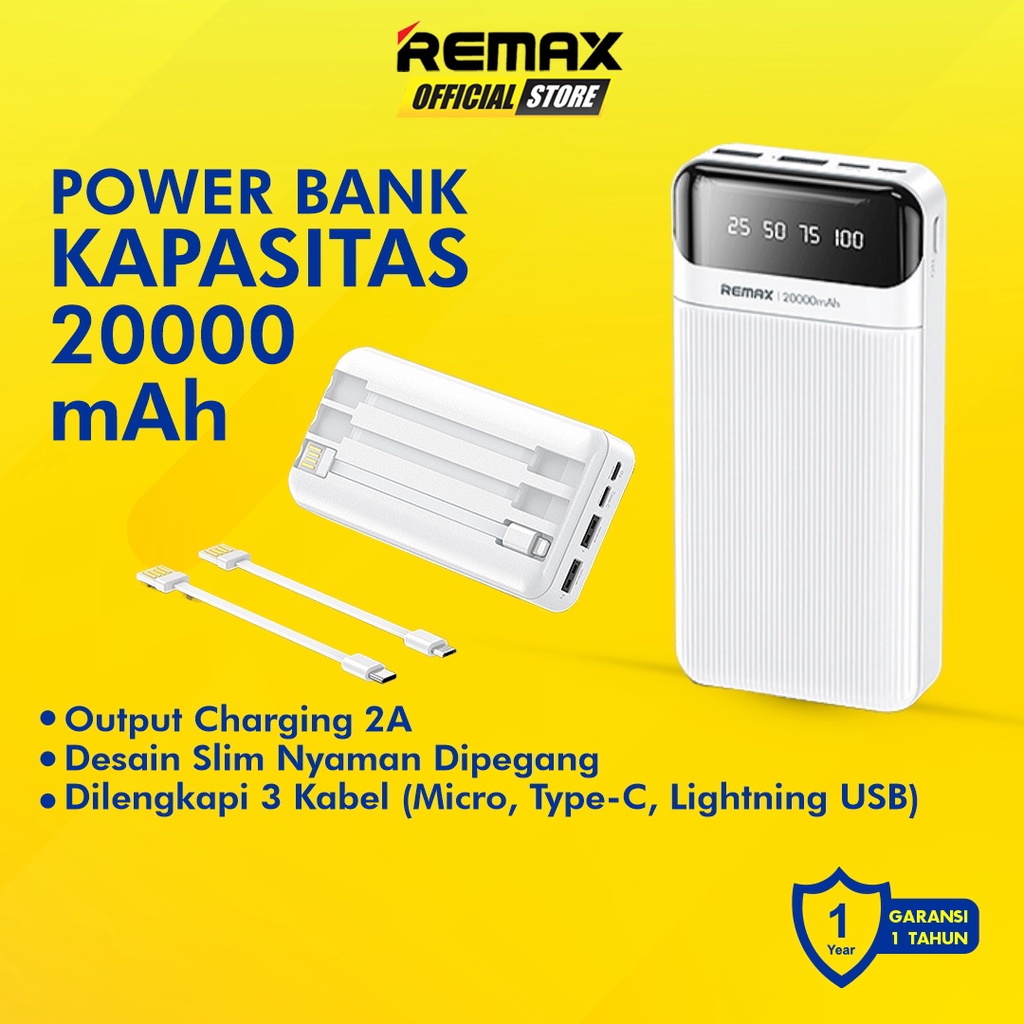 Remax Lesu RPP-102 Power Bank 20000mAh Dual Port 2A With Cable 3in1 Original