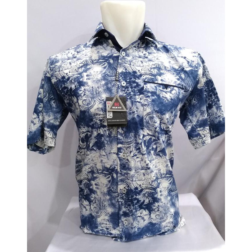 Woww Murah Banget.,.#!! Kemeja Pria Boss Pendek Slimfit Motif Awan Biru Abu Tua Casual - Biru, S New