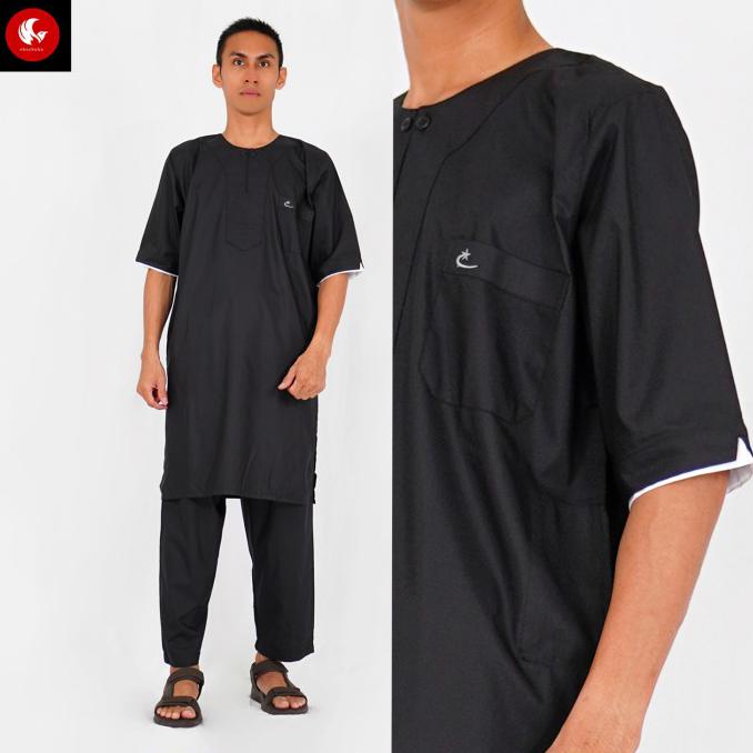 Star Seller Setelan Gamis Arabi Pria / Pakaian Muslim Pria Tangan Pendek Al-Isra - Hitam, S