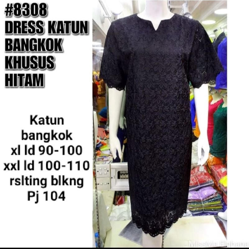 Dress katun bolong bangkok m l xl xxl lengan pendek hitam lapis furing resleting belakang