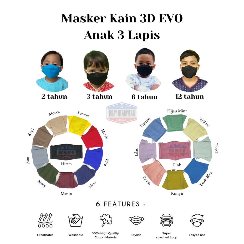 Masker Kain Anak 3 Lapis 3D EVO + Stopper Earloop Headloop Premium Termurah