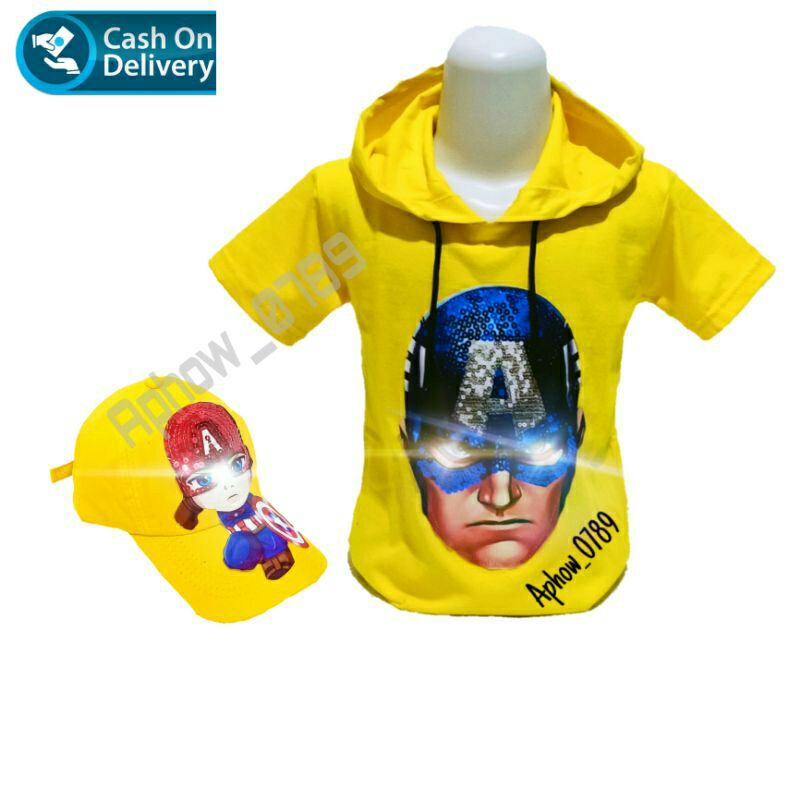 2in1 kaos anak captain america kaos hoodie dan topi anak LED bisa nyala baju kaos anakbusia 1-10 tahun