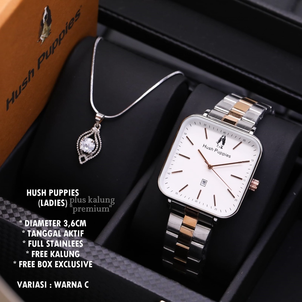 (BISA COD) JAM TANGAN WANITA HUSH PUPPIES RANTAI BODY SEGI TANGGAL AKTIF FREE KALUNG