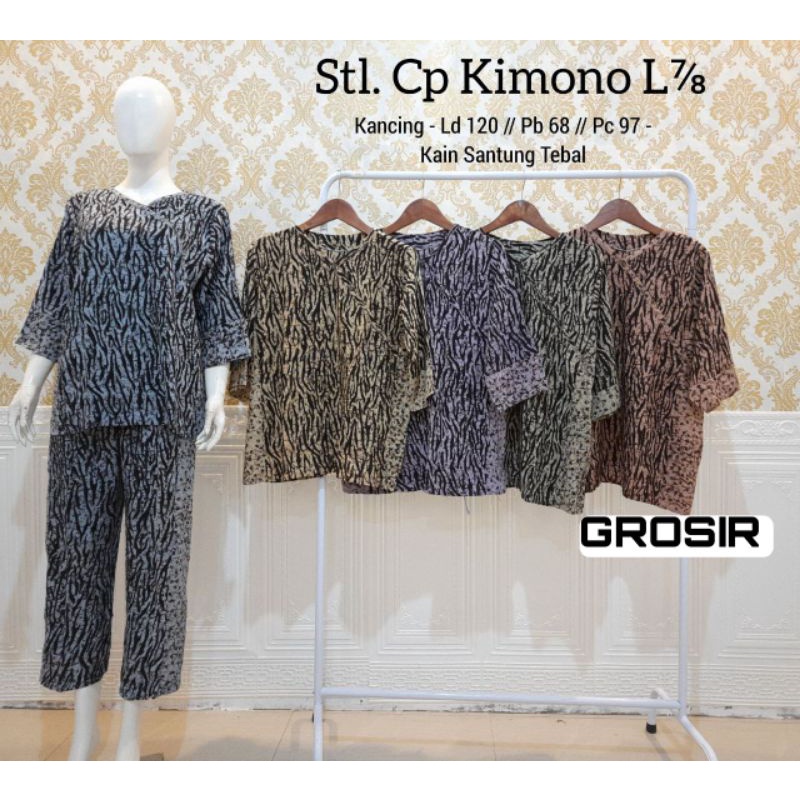 One Set Jumbo Kimono Macan Santung Tebal Lengan 7/8 Setelan Wanita Celana Panjang Kimono Bigsize Kekinian