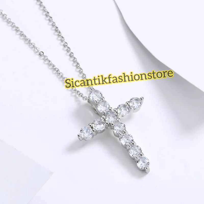 Kalung Salib Silver Kalung Titanium Liontin Salib Terlaris Anti Karat Tidak Luntur Fashion Wanita