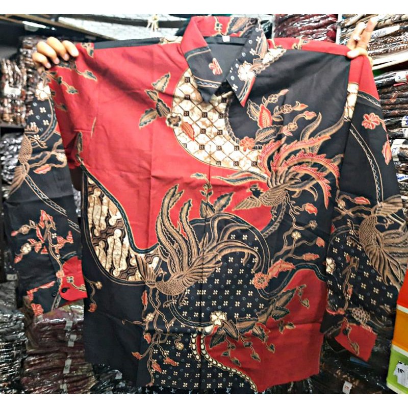 KEMEJA BATIK PREMIUM LENGAN PANJANG WARNA MERAH BATIK PRIA WARNA MERAH EKSKLUSIF LAPIS FURING