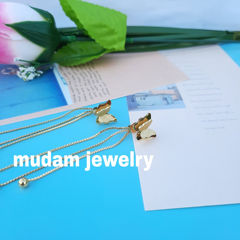 Anting Tusuk Titanium Kupu - Kupu Dengan Panjang Rumbai 6,5 cm