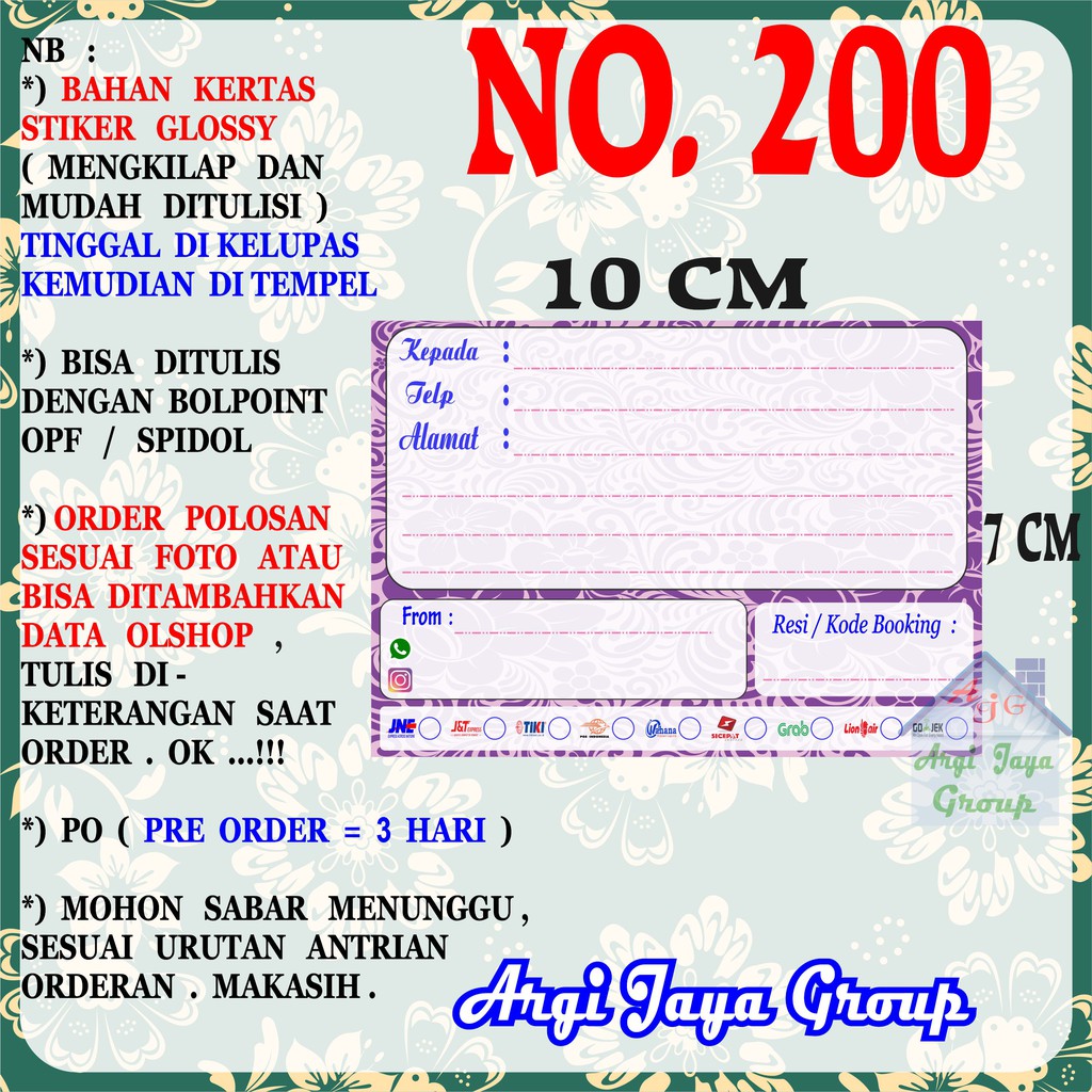 

Stiker Pengiriman - Sticker Alamat Olshop Murah Nomer 200 - 10x7 cm - Glossy