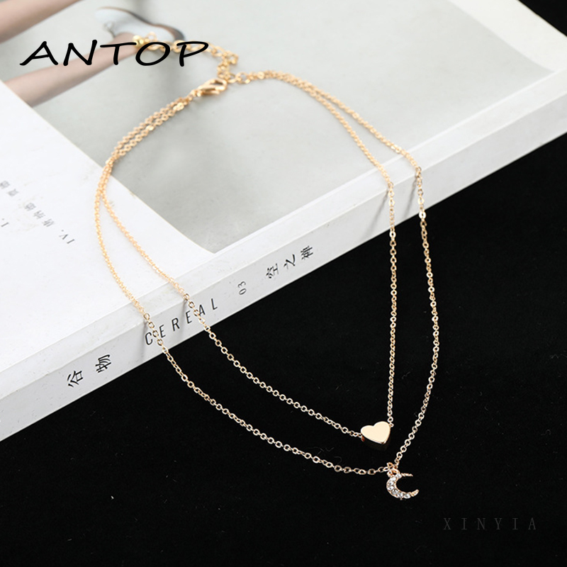 Kalung Rantai Multilayer Dengan Liontin Hati Dan Bulan Untuk Wanita ANTOP