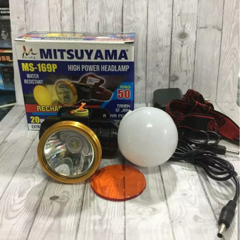 HIGH POWER HEADLAMP MITSUYAMA MS 169P / Senter Kepala LED 20Watt Extra Lensa Kuning Rechargeable