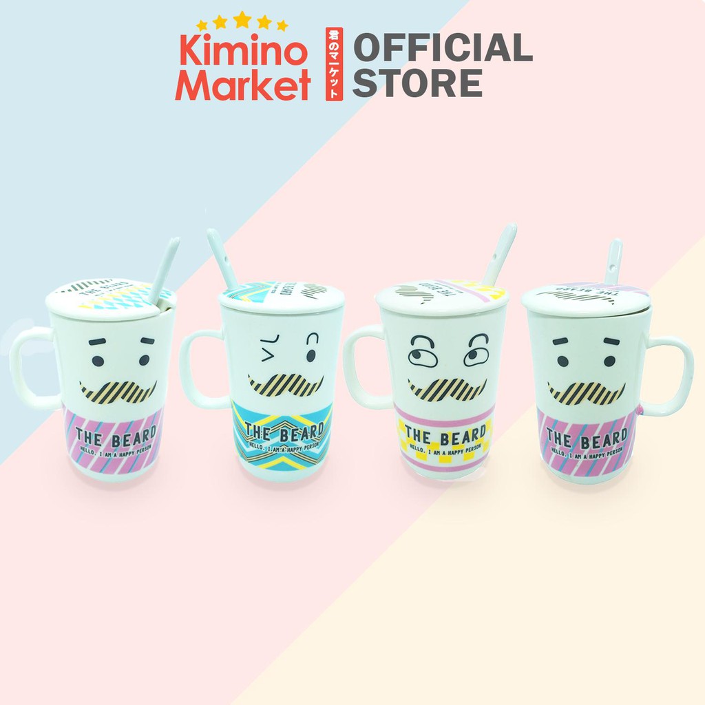 Gelas Keramik Mug Kaca dengan Tutup dan Sendok Lucu Elegan Karakter Mustache Kado